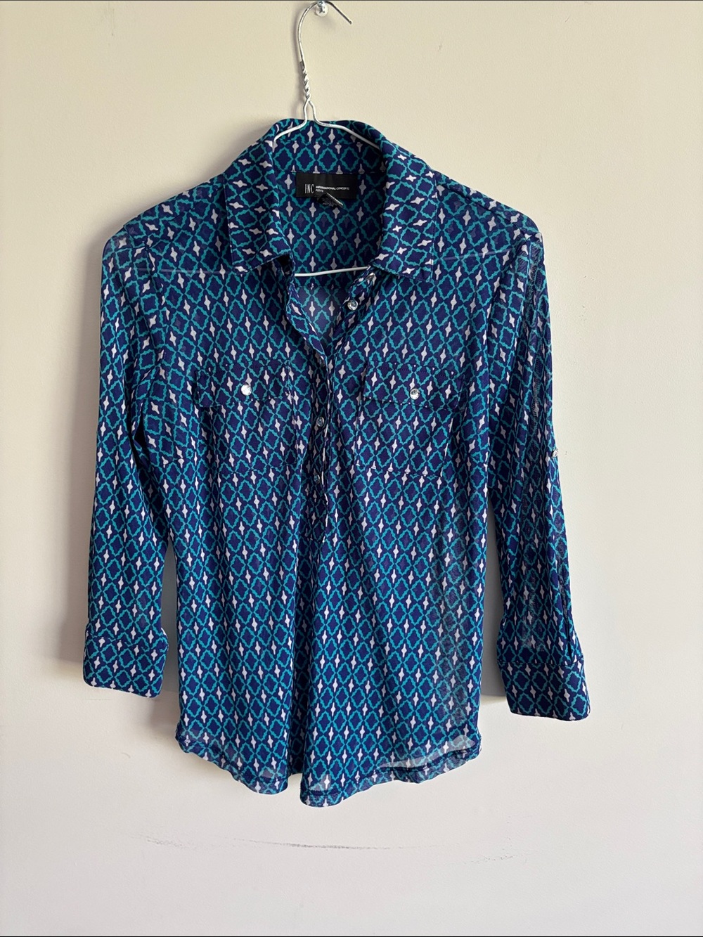 INC International Concepts Teal and Navy Geometric Button-Up Shirt (petite)